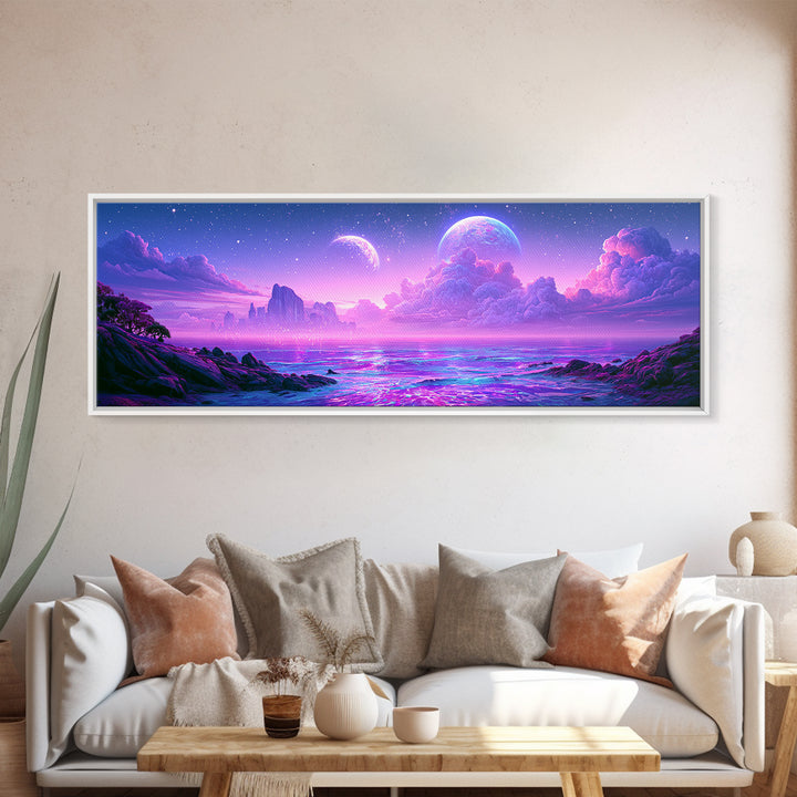 Alien Ocean with Two Moons Framed Canvas Print, Scifi Art, Fantasy Art, Living Room Decor, Oil Painting, Orbit, SCI-3x1-77