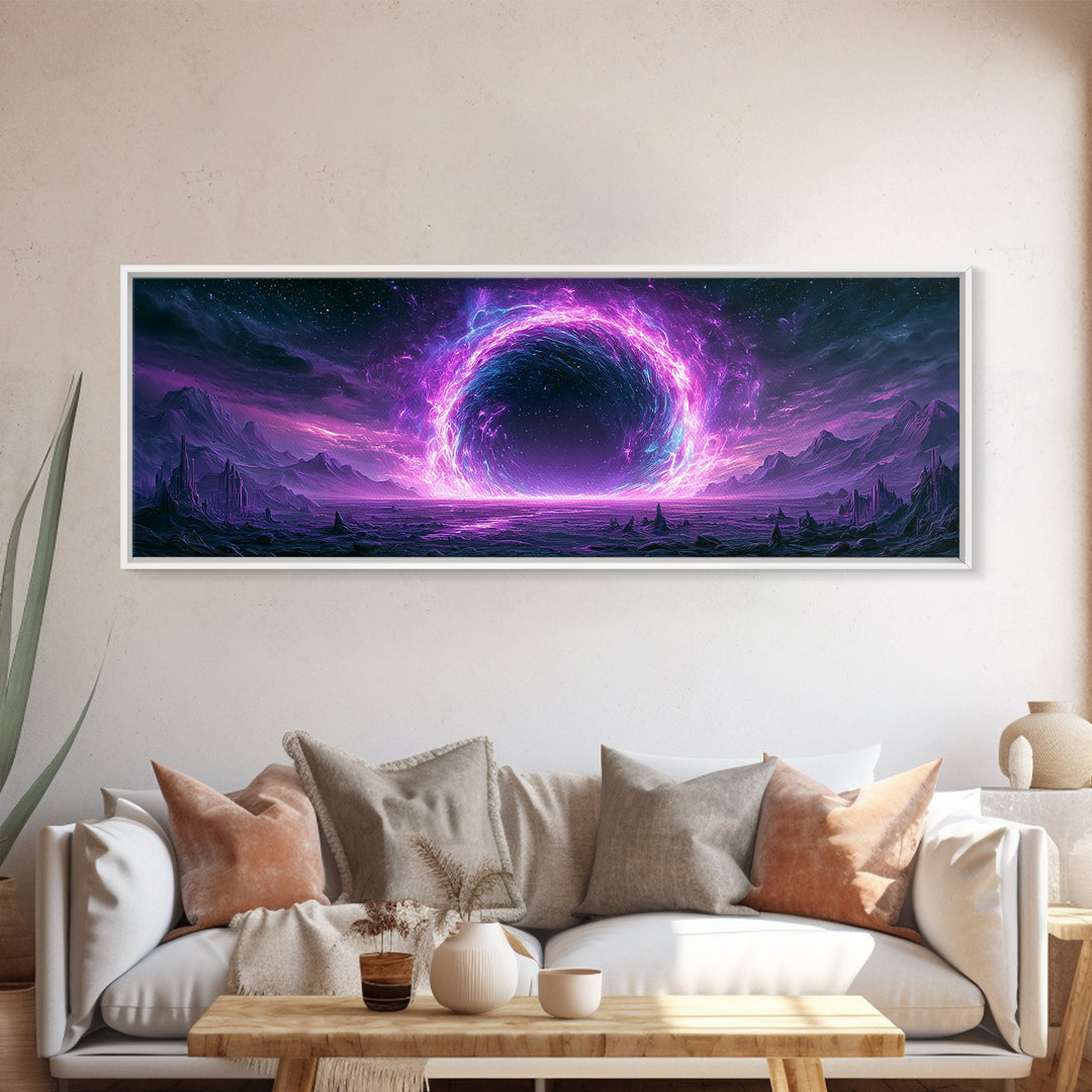 Wormhole Opening over Barren Landscape Framed Canvas Print, Scifi Art, Game Room Decor, Living Room Decor, Fine Art, Orbit, SCI-3x1-81