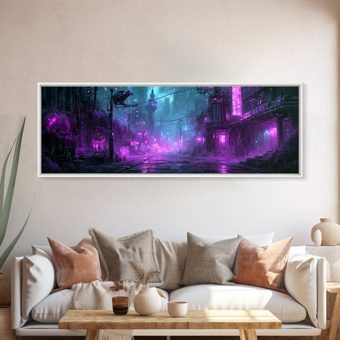 Robot Bird Perched on Antenna Framed Canvas Print, Scifi Art, Abstract Art, Living Room Decor, Fine Art, Orbit, Retro Art, SCI-3x1-87