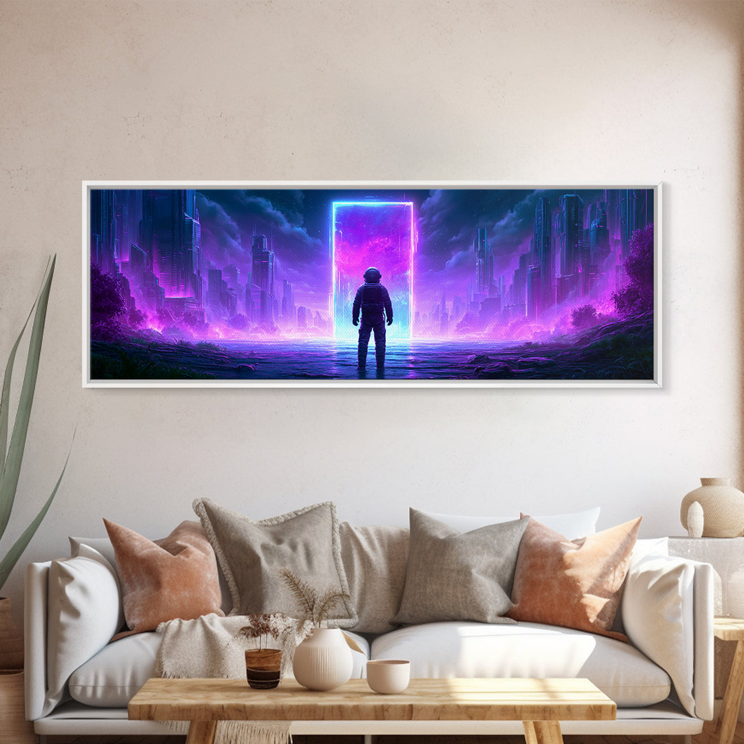 Astronaut Standing Before a Glowing Monolith Framed Canvas Print, Scifi Art, Space Art, Living Room Decor, Fine Art, Orbit, SCI-3x1-90