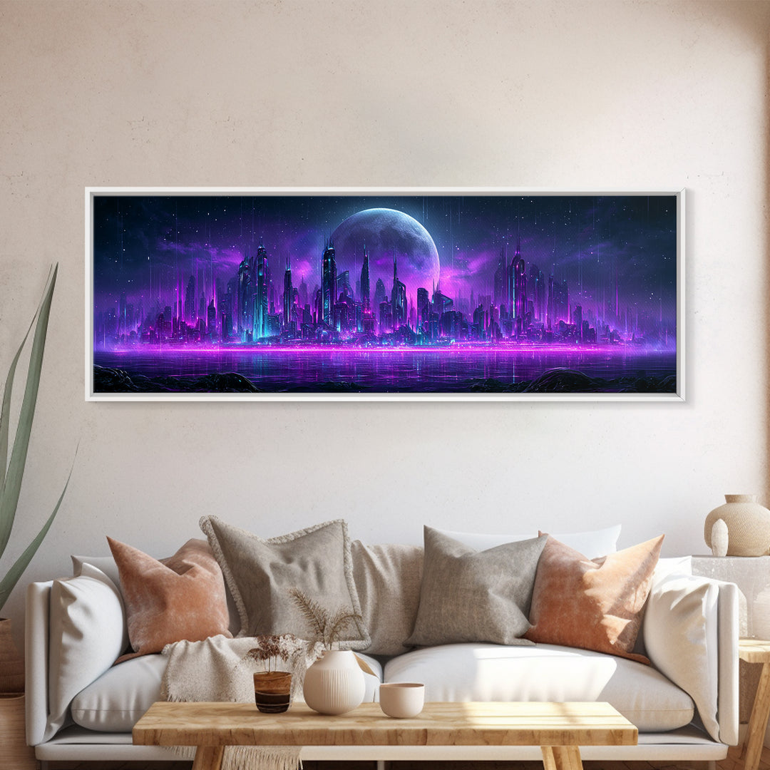 Futuristic City on a Moonlit World Canvas Print, Scifi Art, Posters, Living Room Decor, Orbit, Pop Art, Mid Century Art, SCI-3x1-91