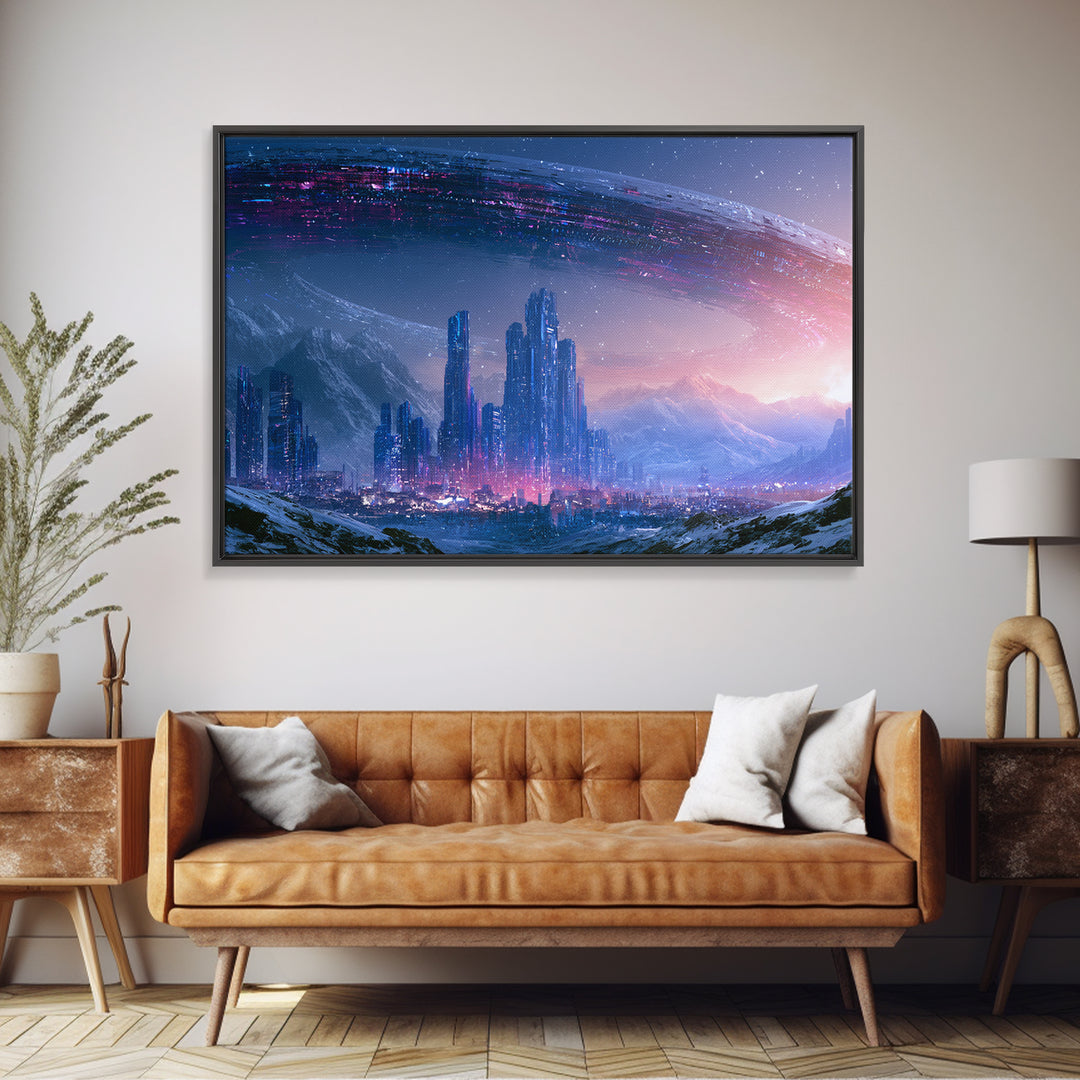 Giant Ring World Seen from a Valley Canvas Print, Scifi Art, Contemporary Art, Living Room Decor, Oil Painting, Orbit, SCI-3x2-12