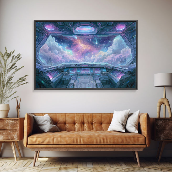 Starship Cockpit View of Nebula Clouds Framed Canvas Print, Scifi Art, Mid Century Art, Living Room Decor, Fine Art, Orbit, SCI-3x2-15