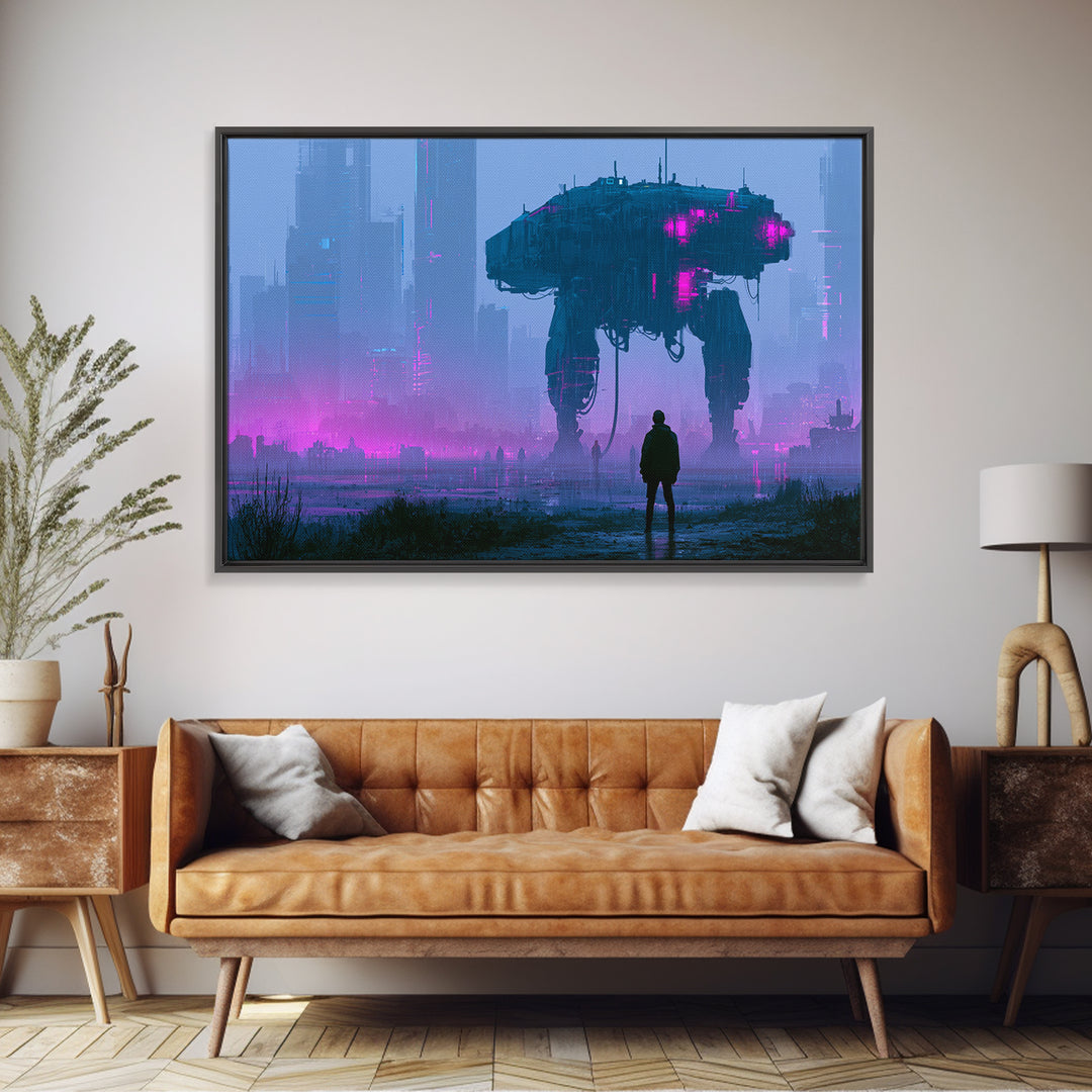 Mech Silhouette in Rainy Neon City Framed Canvas Print, Scifi Art, Statement Artwork, Living Room Decor, Fine Art, Orbit, SCI-3x2-19