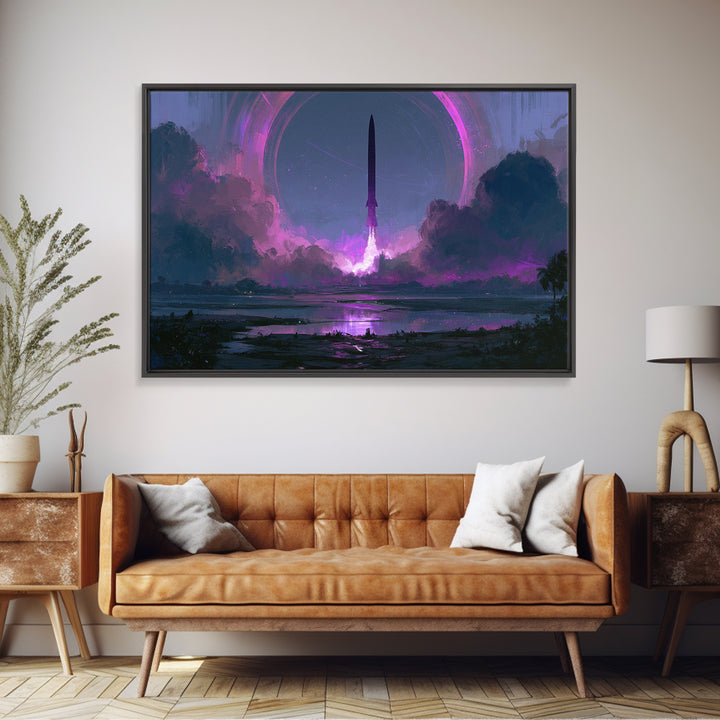 Retro Rocket Launching Through Cloud Rings Framed Canvas Print, Scifi Art, Art Print, Living Room Decor, Fine Art, Orbit, SCI-3x2-35
