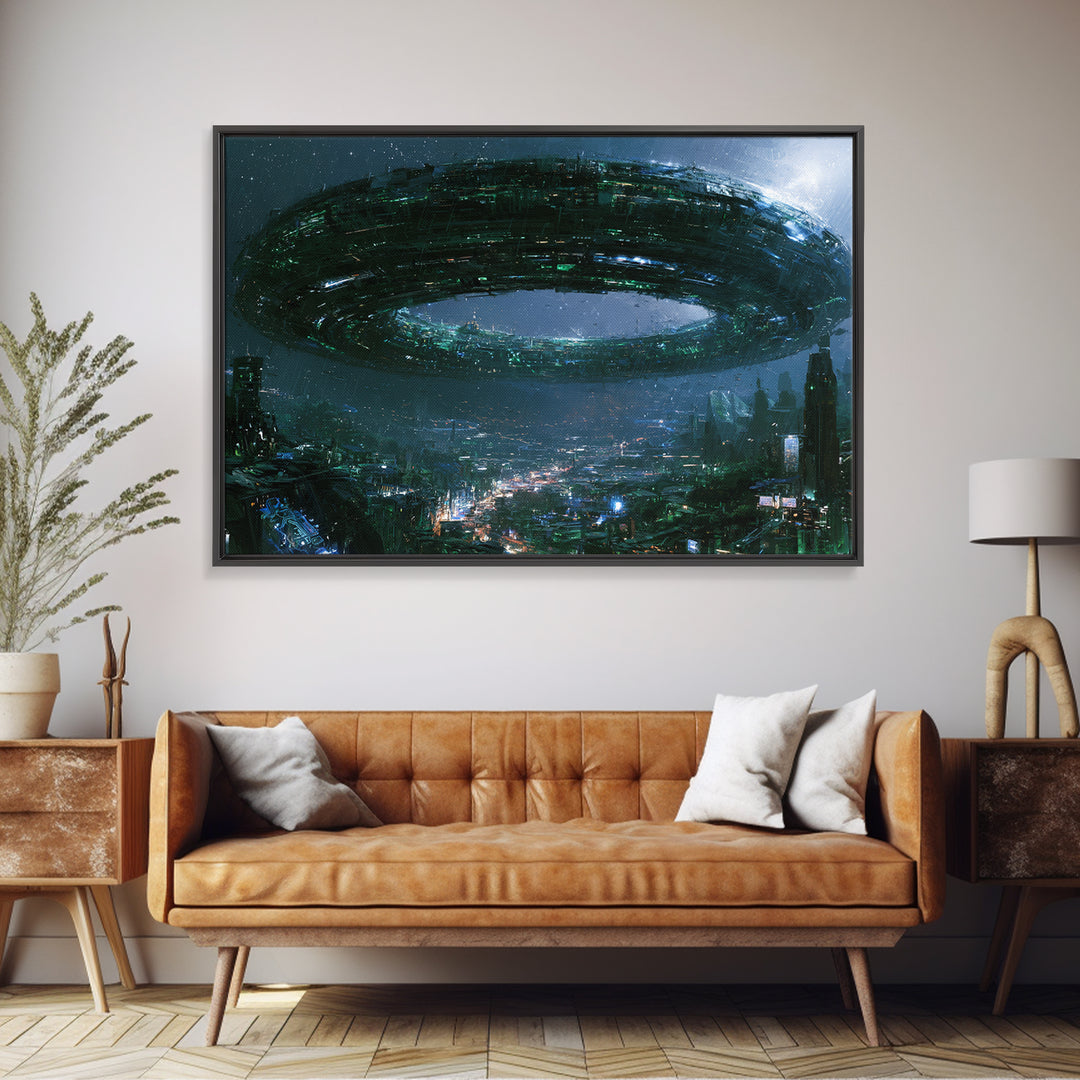 Giant Ring World Seen from a Valley Framed Canvas Print, Scifi Art, Game Room Decor, Living Room Decor, Fine Art, Orbit, SCI-3x2-36