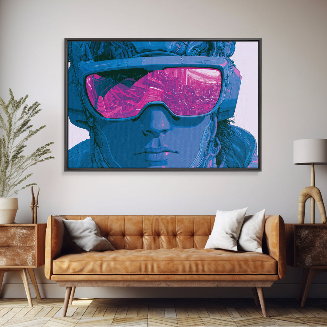Cyborg Portrait with Reflective Visor Canvas Print, Scifi Art, Retro Futurism Art, Living Room Decor, Oil Painting, Orbit, SCI-3x2-37