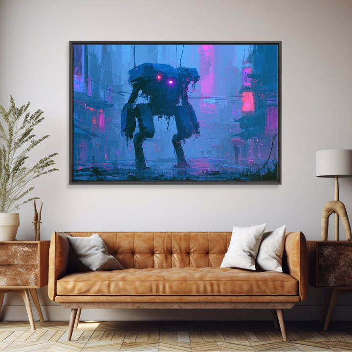 Mech Silhouette in Rainy Neon City Canvas Print, Scifi Art, Textured Painting, Living Room Decor, Abstract Art, Orbit, SCI-3x2-43