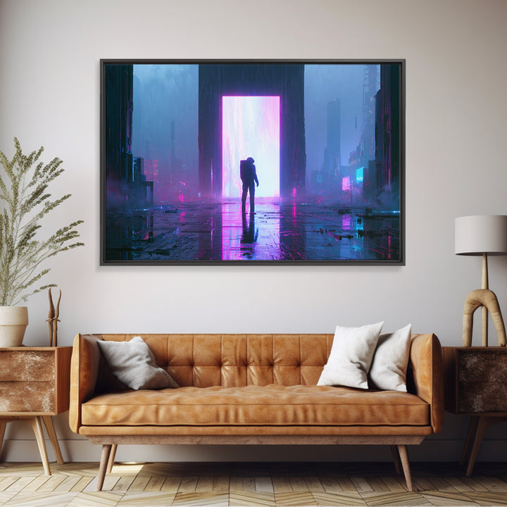 Astronaut Standing Before a Glowing Monolith Framed Canvas Print, Scifi Art, Modern Art, Living Room Decor, Fine Art, Orbit, SCI-3x2-6