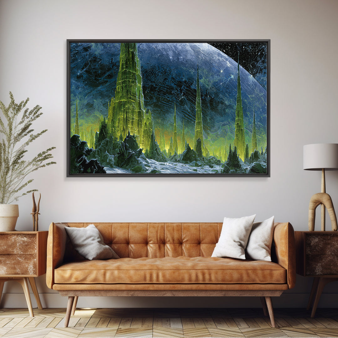 Terraforming Towers on a Silent Planet Framed Canvas Print, Scifi Art, Living Room Decor, Abstract Art, Orbit, SCI-3x2-64