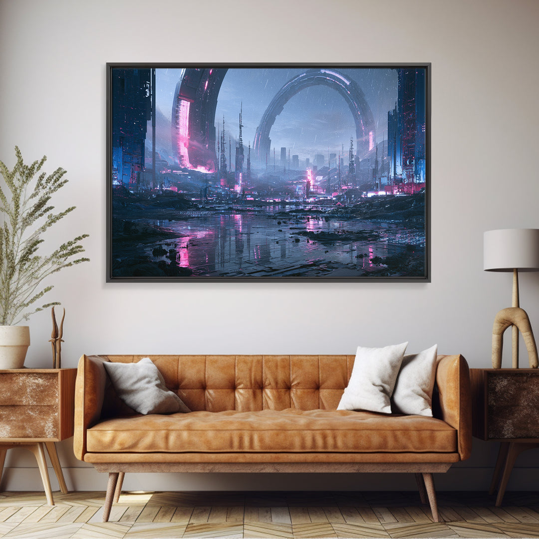 Giant Ring World Seen from a Valley Canvas Print, Scifi Art, Poster, Living Room Decor, Fine Art, Orbit, Retro Wall Art, SCI-3x2-84