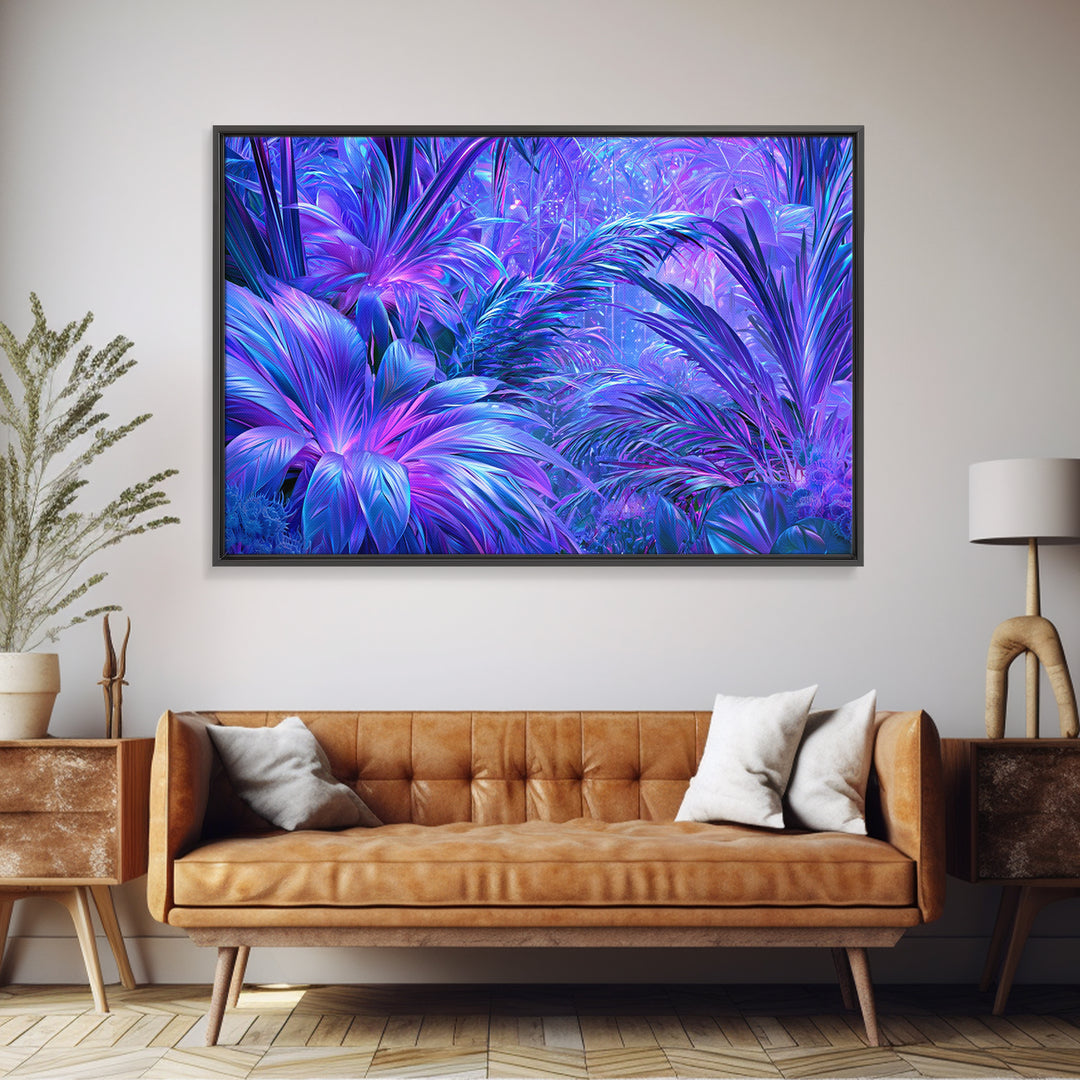 Alien Jungle with Bioluminescent Plants Framed Canvas Print, Scifi Art, Contemporary Art, Living Room Decor, Fine Art, Orbit, SCI-3x2-9