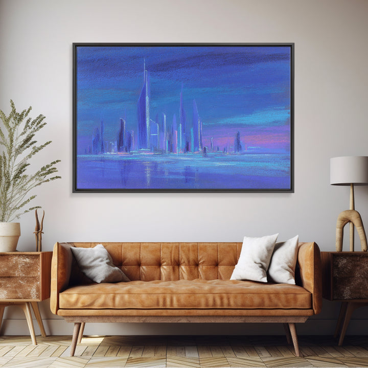 Mech Silhouette in Rainy Neon City Framed Canvas Print, Scifi Art, Retro Wall Art, Living Room Decor, Oil Painting, Orbit, SCI-3x2-91