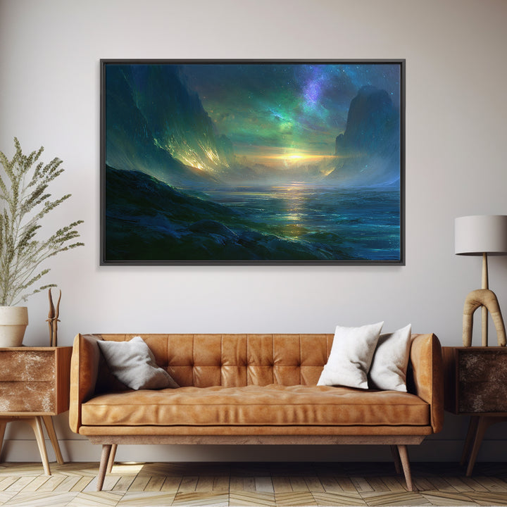 Planetary Sunrise over Ice Cliffs Canvas Print, Scifi Art, Fantasy Art, Living Room Decor, Fine Art, Orbit, Textured Painting, SCI-3x2-98