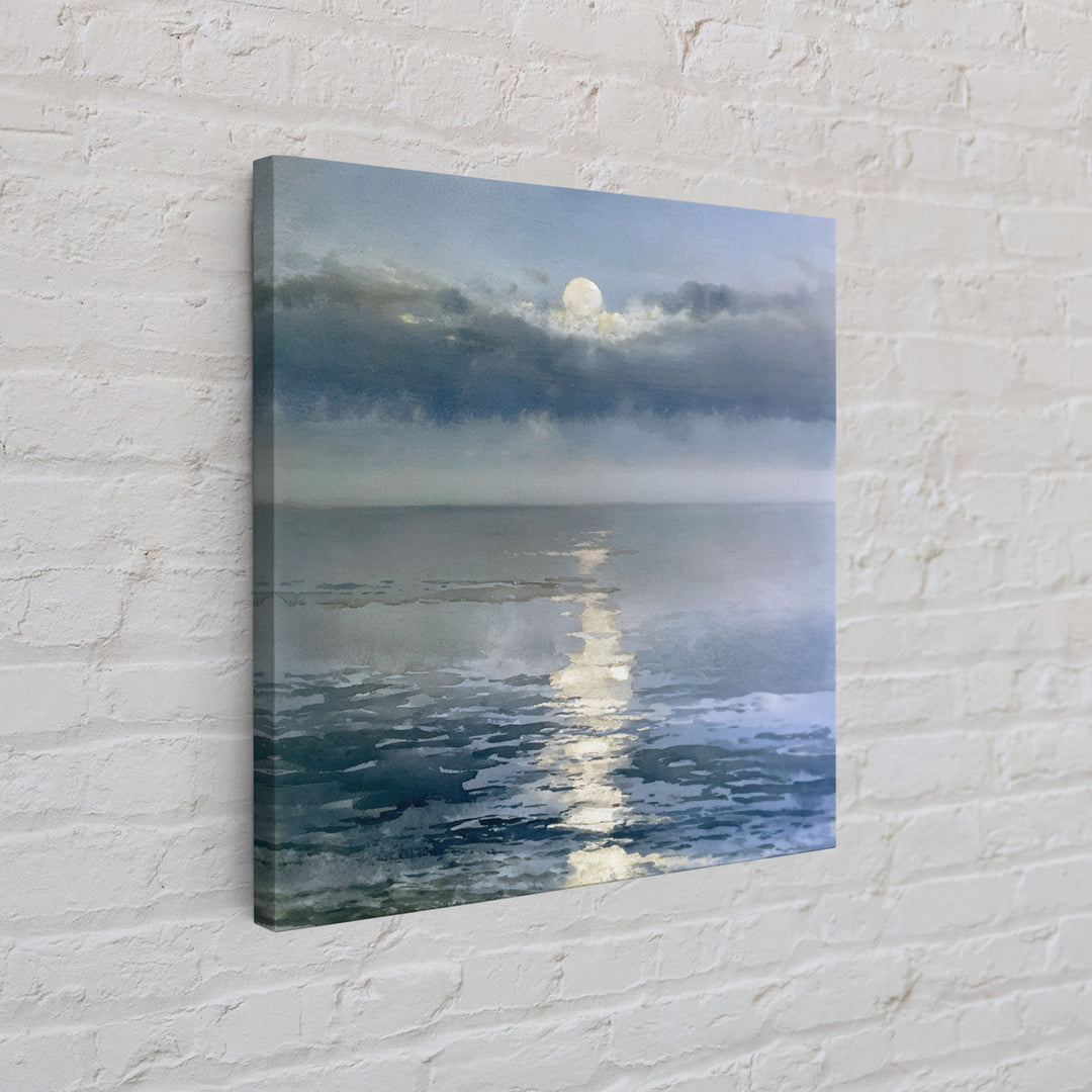 Moonlit Ocean with Silver Path of Light Framed Canvas Print, Seascape Art, Abstract Painting, Coastal Decor, Fine Art, Seascape, SEA-1x1-51