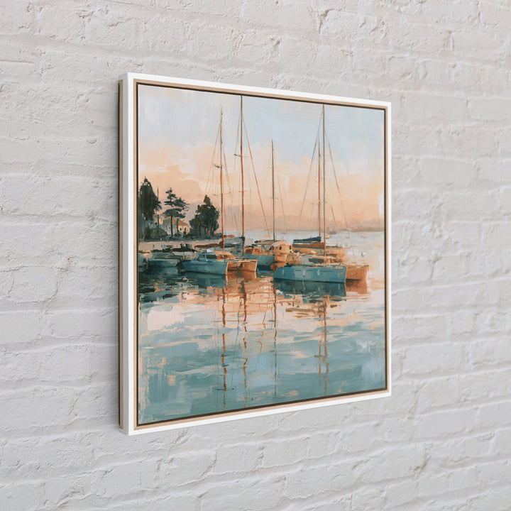 Mediterranean Harbor at Dawn Framed Canvas Print, Seascape Art, Living Room Wall Art, Coastal Decor, Fine Art, Seascape, SEA-1x1-70