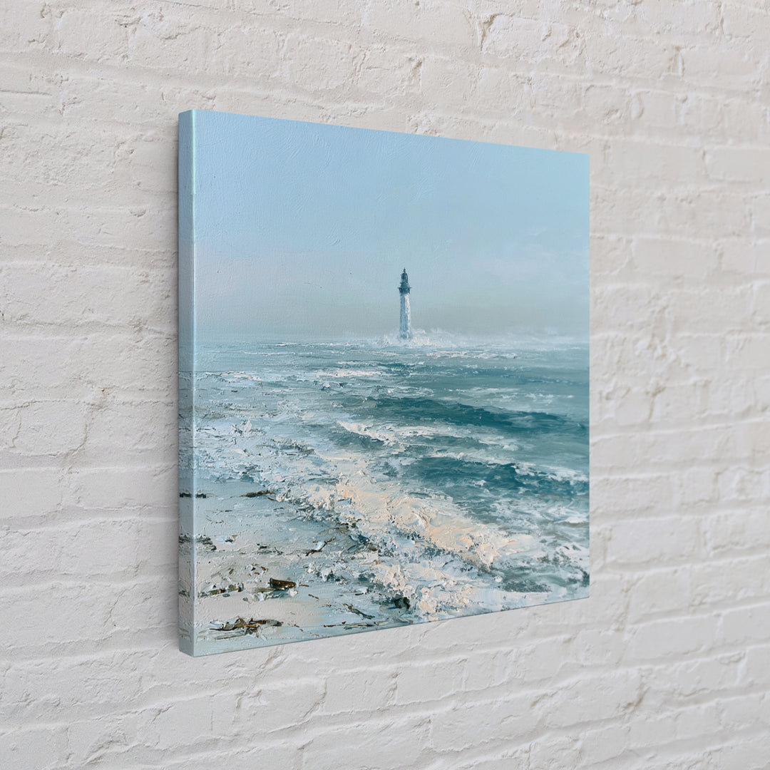 Dramatic Lighthouse in Distant Spray Framed Canvas Print, Seascape Art, Gallery Decor, Coastal Decor, Fine Art, Seascape, SEA-1x1-78