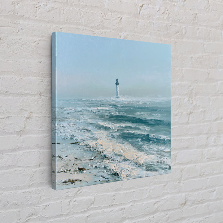 Dramatic Lighthouse in Distant Spray Framed Canvas Print, Seascape Art, Gallery Decor, Coastal Decor, Fine Art, Seascape, SEA-1x1-78