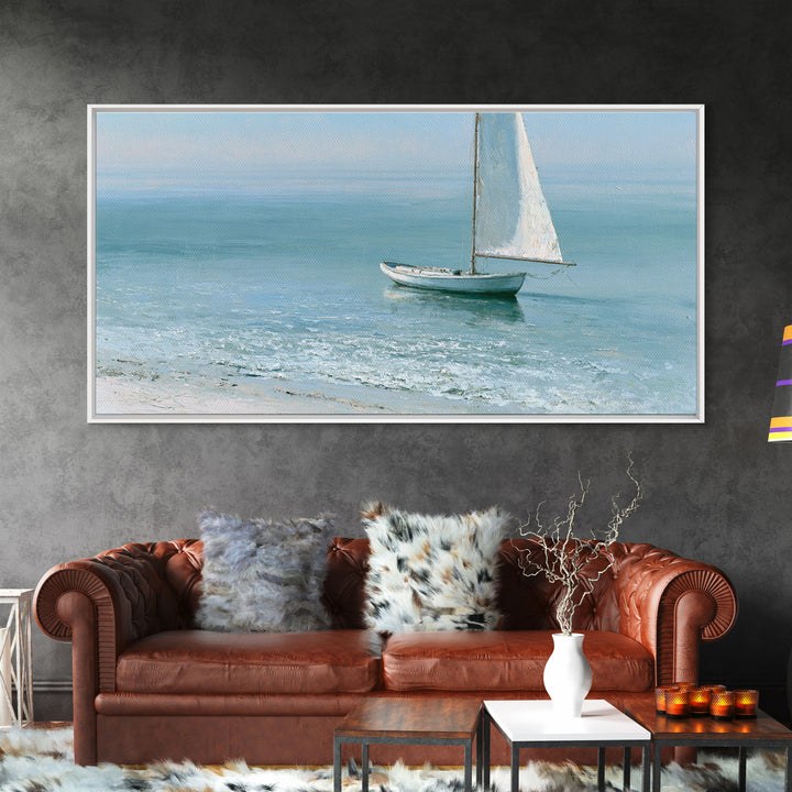 Quiet Sailboat on Glassy Water Framed Canvas Print, Seascape Art, Watercolor Painting, Coastal Decor, Fine Art, Seascape, SEA-2x1-100