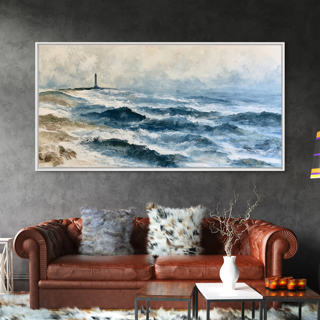 Dramatic Lighthouse in Distant Spray Canvas Print, Seascape Art, Boho Decor, Coastal Decor, Abstract Art, Seascape, SEA-2x1-26