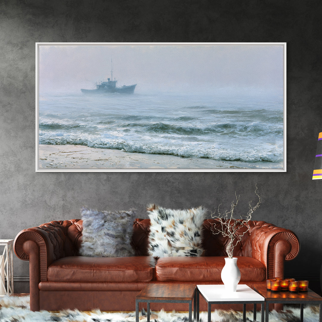 Fishing Boat Silhouette Framed Canvas Print, Seascape Art, Luxury Decor, Coastal Decor, Fine Art, Seascape, Oil Painting, SEA-2x1-34