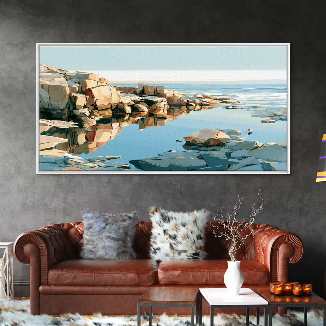 Rocky Tidepool with Reflections Framed Canvas Print, Seascape Art, Bedroom Decor, Coastal Decor, Seascape, Coastal Wall Art, SEA-2x1-55