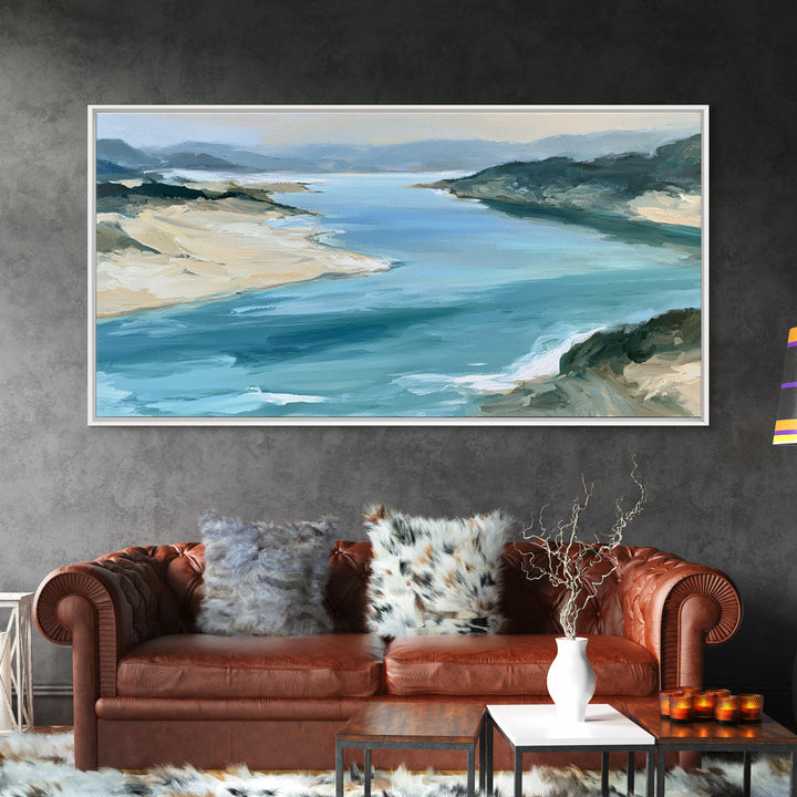 Coastal Cove with Turquoise Water Framed Canvas Print, Seascape Art, Wall Art Print, Coastal Decor, Watercolor Art, Seascape, SEA-2x1-59