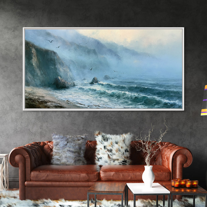 Misty Sea Cliffs Framed Canvas Print, Seascape Art, Abstract Art, Coastal Decor, Seascape, Nautical Decor, Coastal Wall Art, SEA-2x1-97