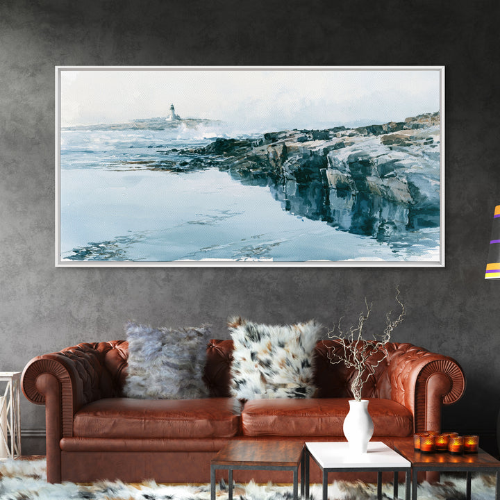 Dramatic Lighthouse in Distant Spray Canvas Print, Seascape Art, Coastal Decor, Watercolor Art, Seascape, Printable Art, SEA-2x1-98