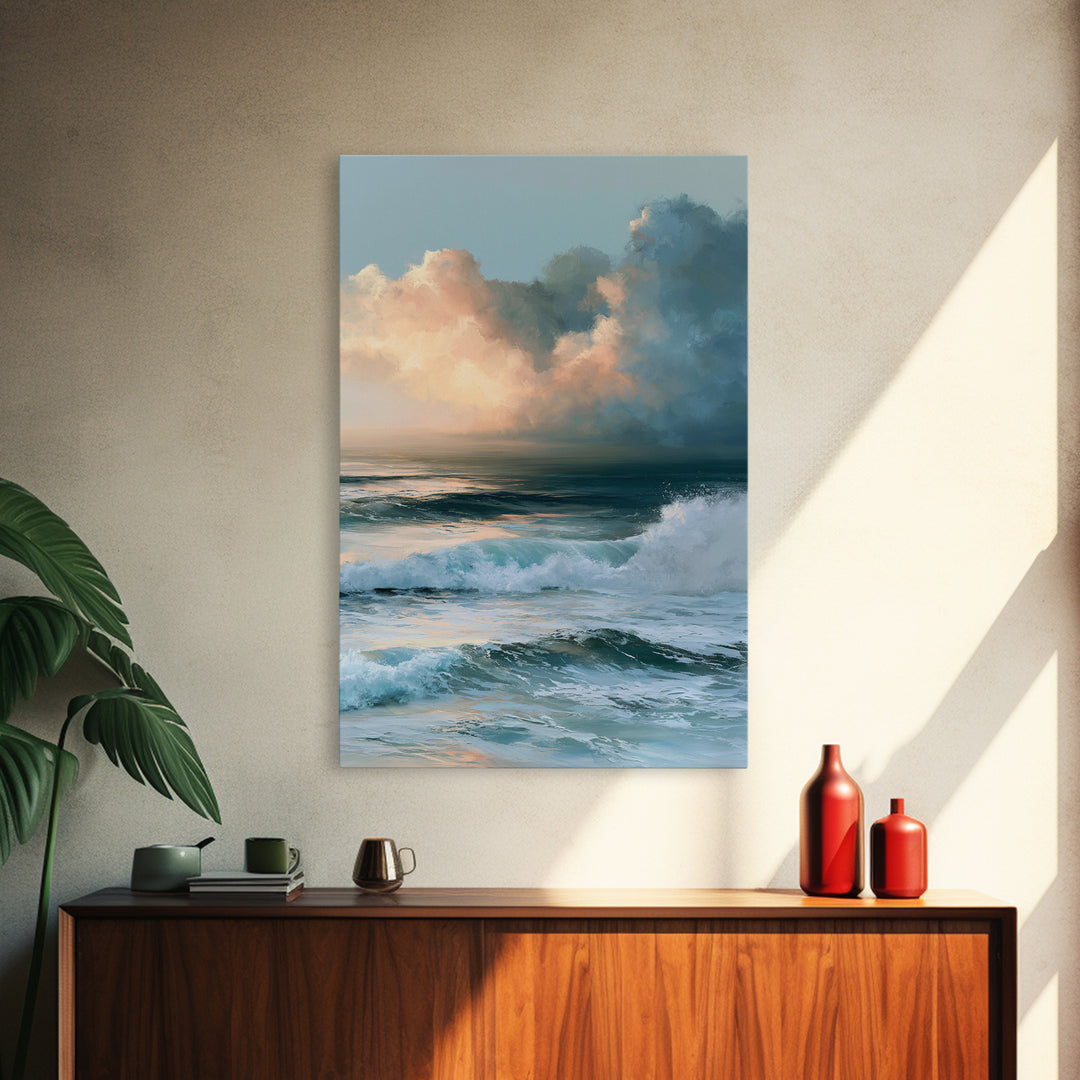 Whitecaps Rolling under Storm Light Framed Canvas Print, Seascape Art, Contemporary Art, Coastal Decor, Oil Painting, Seascape, SEA-2x3-21