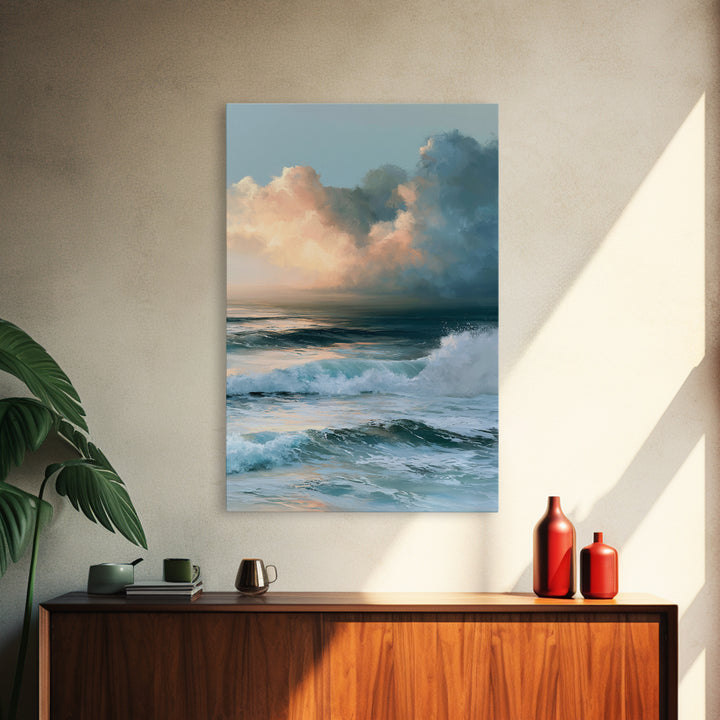 Whitecaps Rolling under Storm Light Framed Canvas Print, Seascape Art, Contemporary Art, Coastal Decor, Oil Painting, Seascape, SEA-2x3-21
