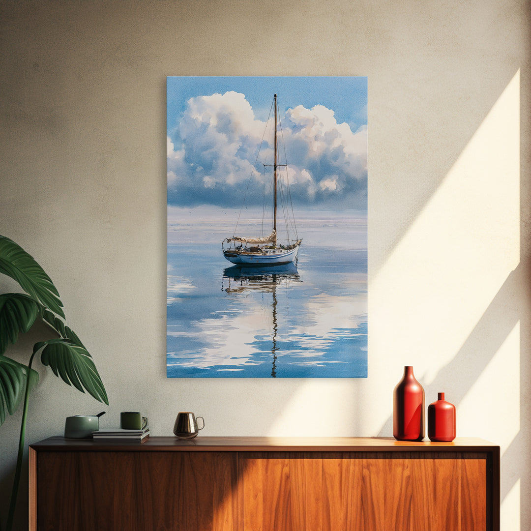 Quiet Sailboat on Glassy Water Framed Canvas Print, Seascape Art, Room Decor, Coastal Decor, Seascape, Digital Wall Art, SEA-2x3-64