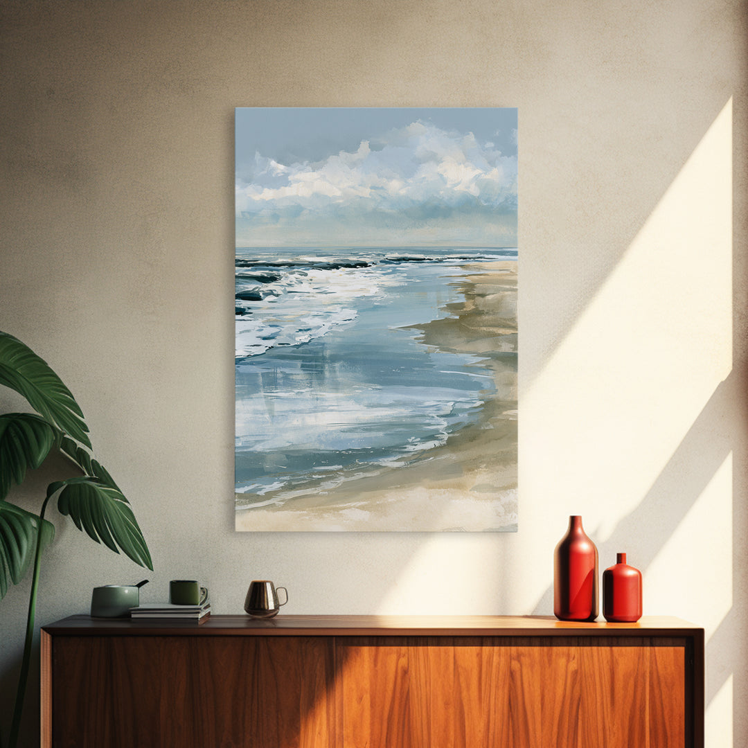 Golden Beach Tide at Low Water Framed Canvas Print, Seascape Art, Digital Prints, Coastal Decor, Watercolor Art, Seascape, SEA-2x3-98