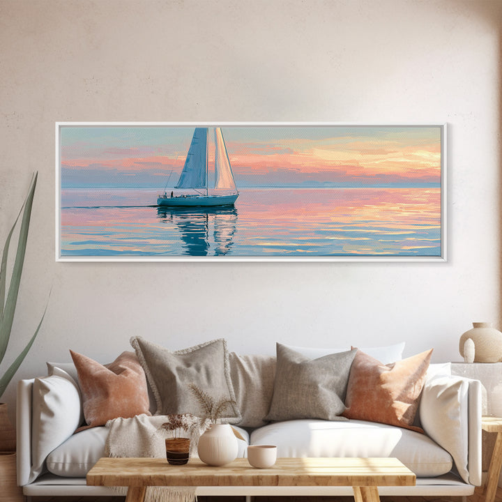 Quiet Sailboat on Glassy Water Canvas Print, Seascape Art, Abstract Painting, Coastal Decor, Fine Art, Seascape, Room Decor, SEA-3x1-24
