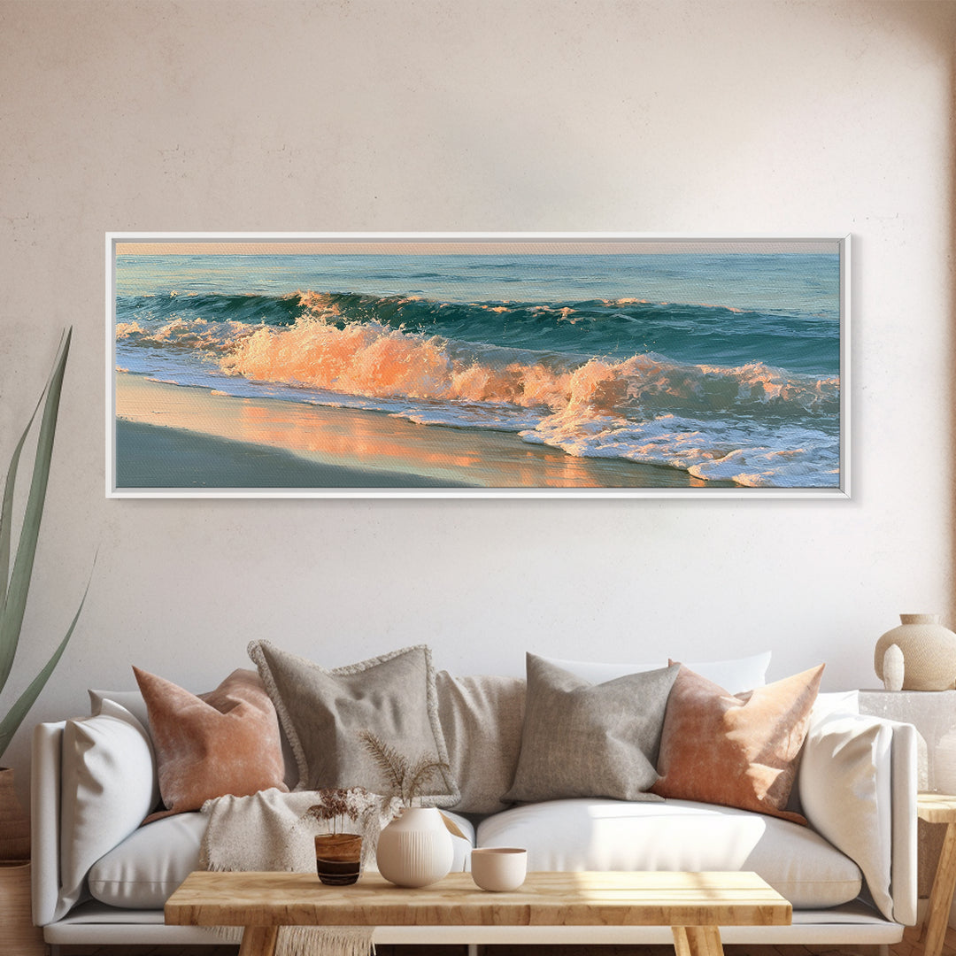 Sunset Surf Glowing Orange and Pink Framed Canvas Print, Seascape Art, Wall Decor, Coastal Decor, Fine Art, Seascape, SEA-3x1-44