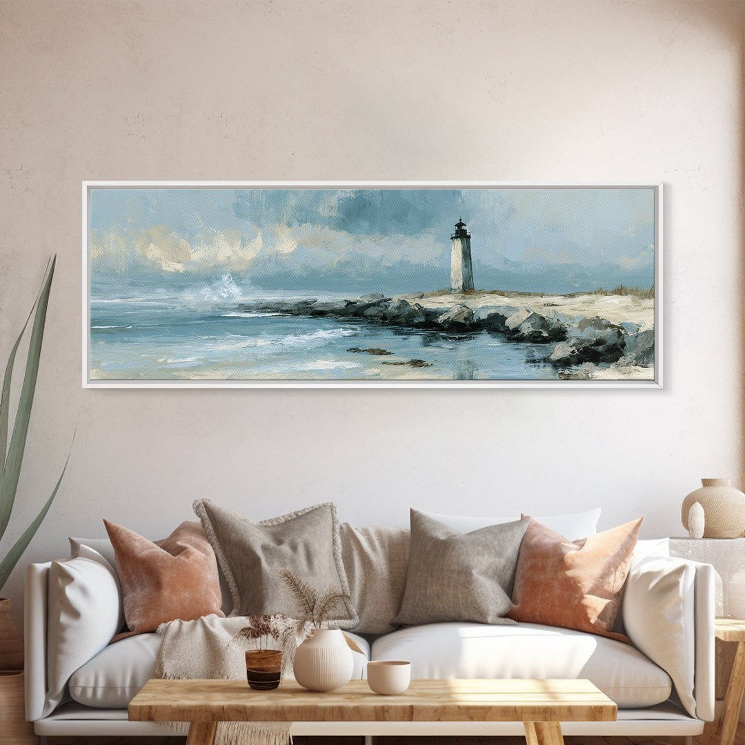 Dramatic Lighthouse in Distant Spray Canvas Print, Seascape Art, Digital Print, Coastal Decor, Seascape, Watercolor Art, SEA-3x1-46