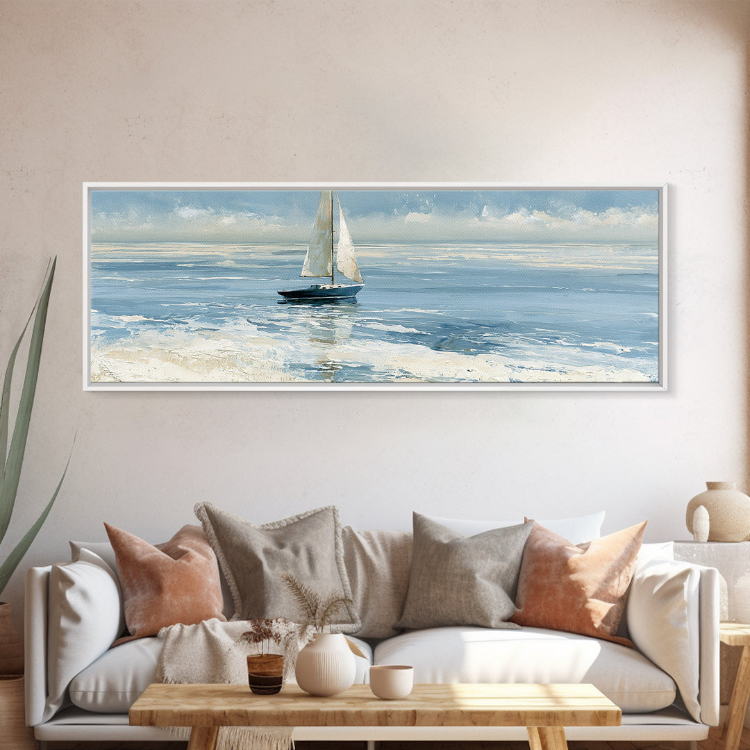 Quiet Sailboat on Glassy Water Canvas Print, Seascape Art, Luxury Decor, Coastal Decor, Fine Art, Seascape, Oil Painting, SEA-3x1-48