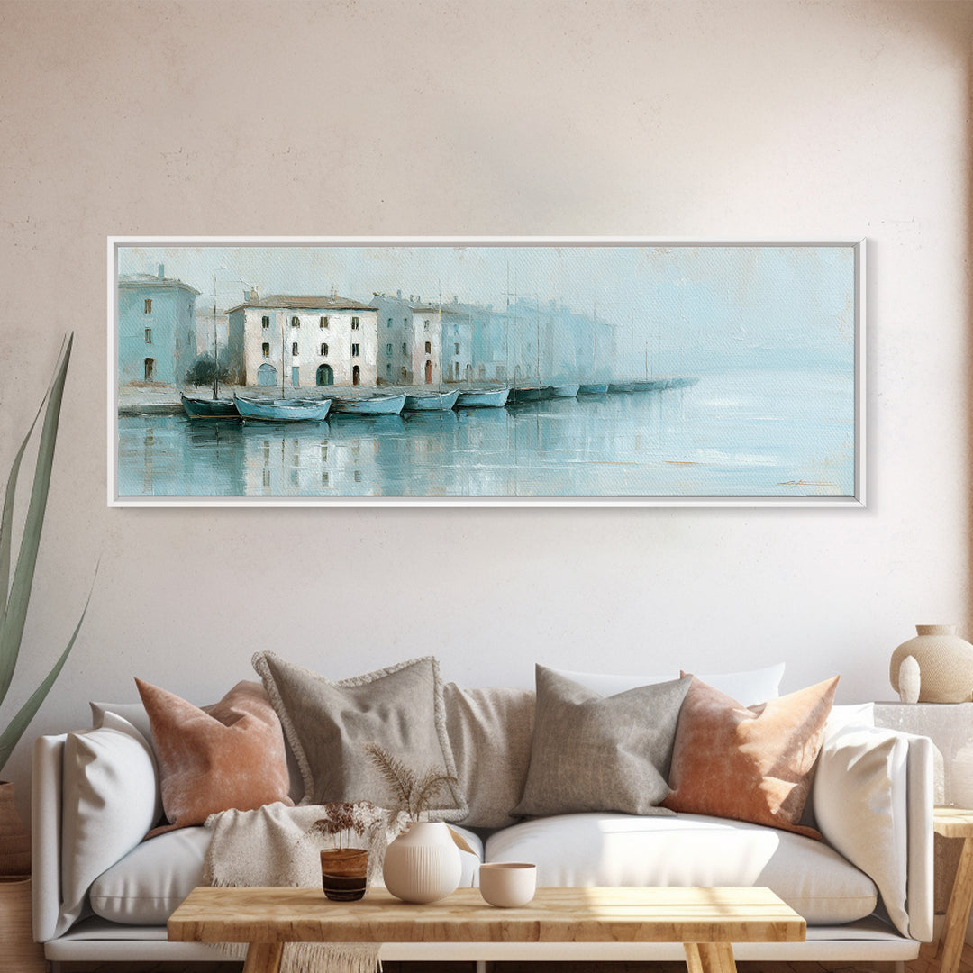 Mediterranean Harbor at Dawn Canvas Print, Seascape Art, Gallery Decor, Coastal Decor, Oil Painting, Seascape, Contemporary Art, SEA-3x1-62