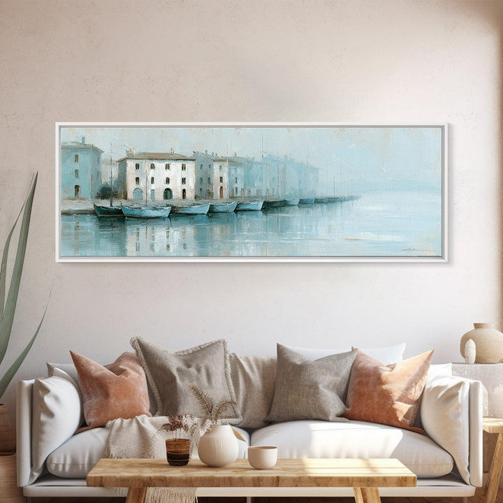 Mediterranean Harbor at Dawn Canvas Print, Seascape Art, Gallery Decor, Coastal Decor, Oil Painting, Seascape, Contemporary Art, SEA-3x1-62