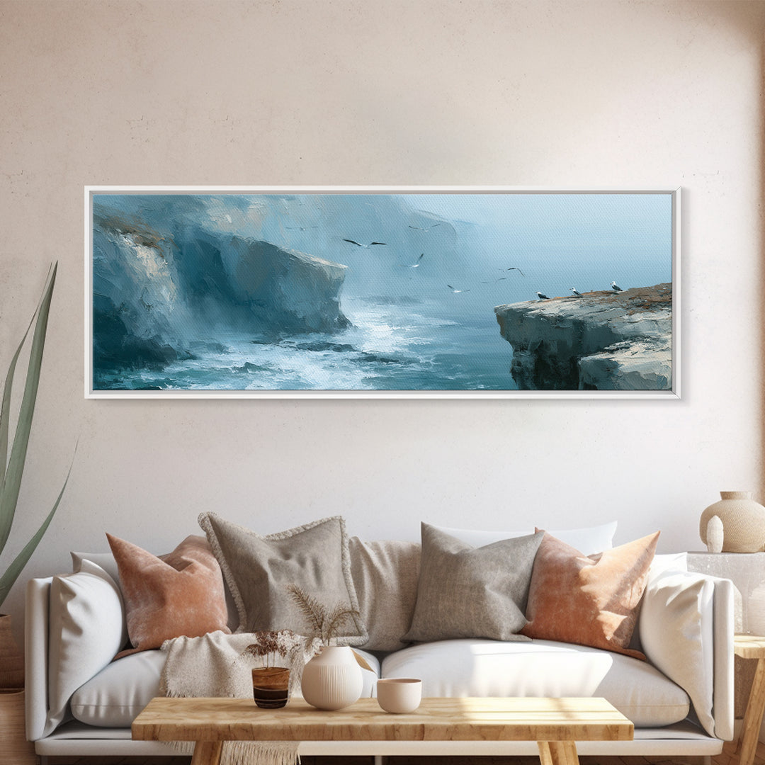 Misty Sea Cliffs Framed Canvas Print, Seascape Art, Bedroom Wall Art, Coastal Decor, Seascape, Boho Decor, Luxury Decor, SEA-3x1-69