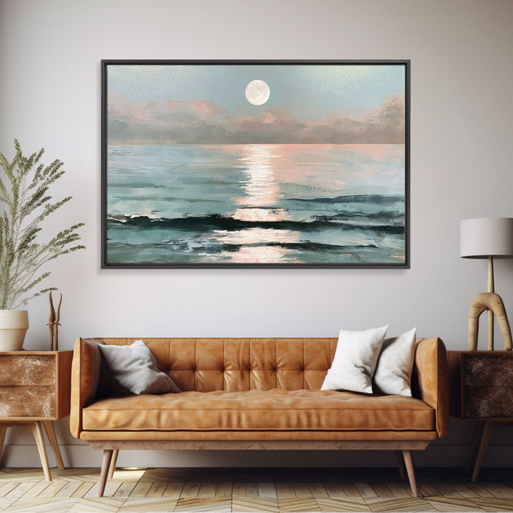 Moonlit Ocean with Silver Path of Light Framed Canvas Print, Seascape Art, Bedroom Wall Art, Coastal Decor, Watercolor Art, SEA-3x2-31