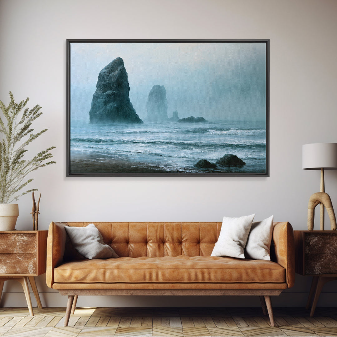 Sea Stack Rocks Framed Canvas Print, Seascape Art, Room Decor, Coastal Decor, Oil Painting, Seascape, Digital Wall Art, SEA-3x2-47