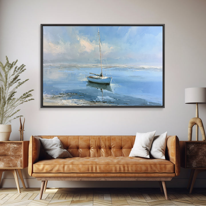 Quiet Sailboat on Glassy Water Framed Canvas Print, Seascape Art, Beach Decor, Coastal Decor, Seascape, Minimalist Decor, SEA-3x2-60