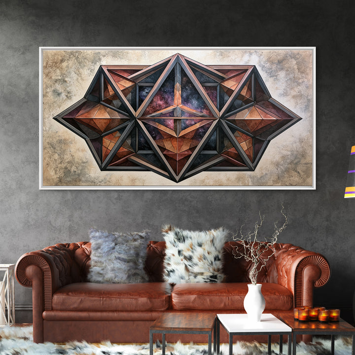 Star Tetrahedron with Watercolor Galaxy Wash Canvas Print, Sacred Geometry Art, Wabi Sabi Art, Living Room Decor, Geometry, SGA-2x1-100
