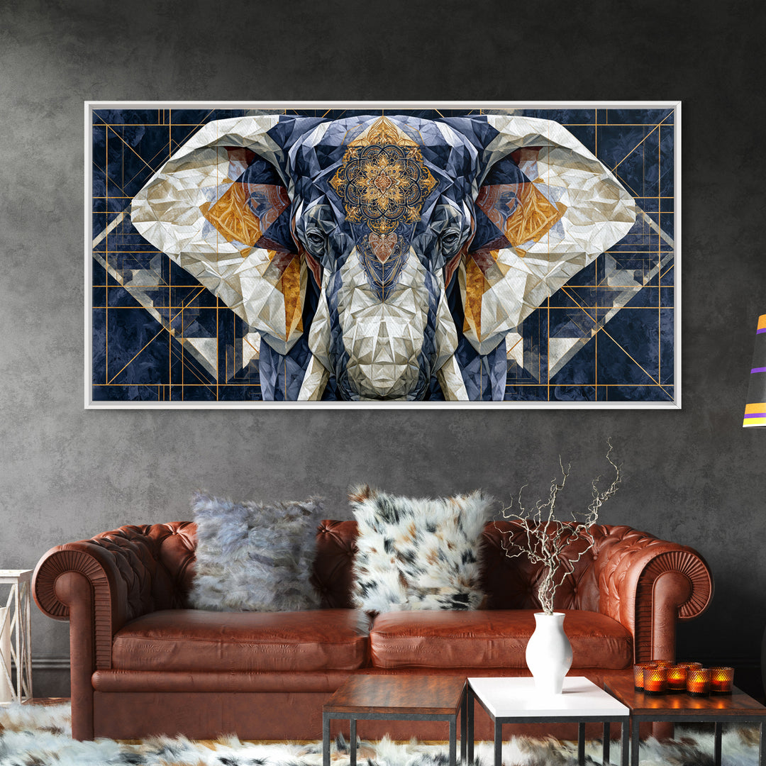 Geometric Elephant with Ornate Mandala Lines Canvas Print, Sacred Geometry Art, Contemporary Art, Living Room Decor, Geometry, SGA-2x1-54