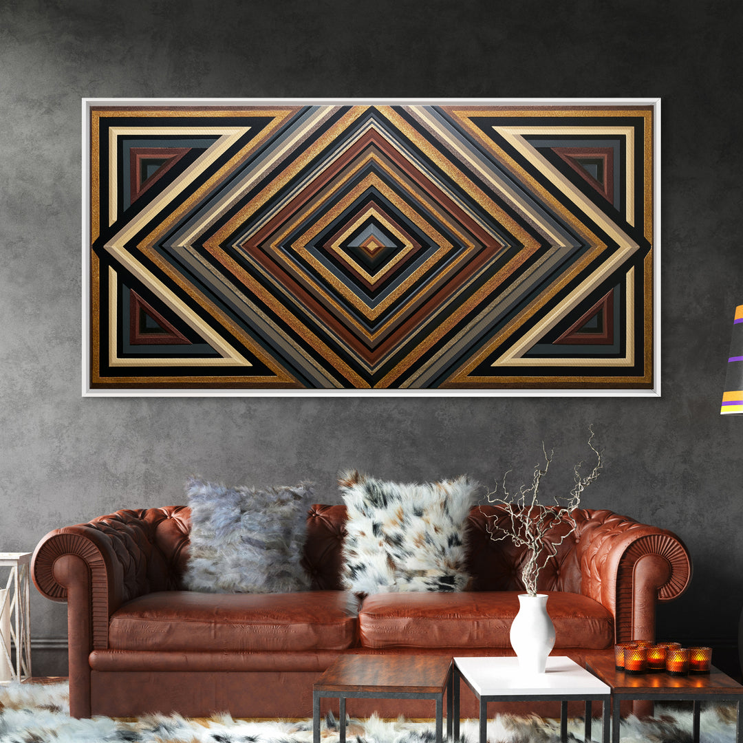 Black and Gold Geometric Rosette Framed Canvas Print, Sacred Geometry Art, Printable, Living Room Decor, Abstract Art, Geometry, SGA-2x1-56