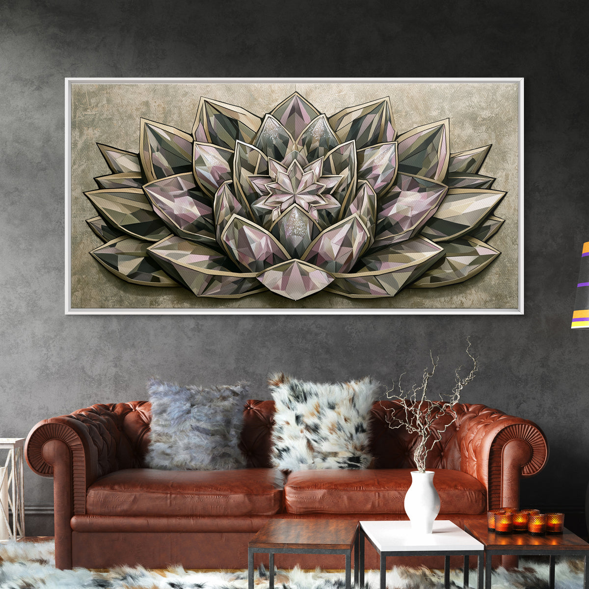 Crystal Lotus Arrangement Canvas Print, Sacred Geometry Art, Digital Wall Art, Living Room Decor, Fine Art, Geometry, SGA-2x1-64