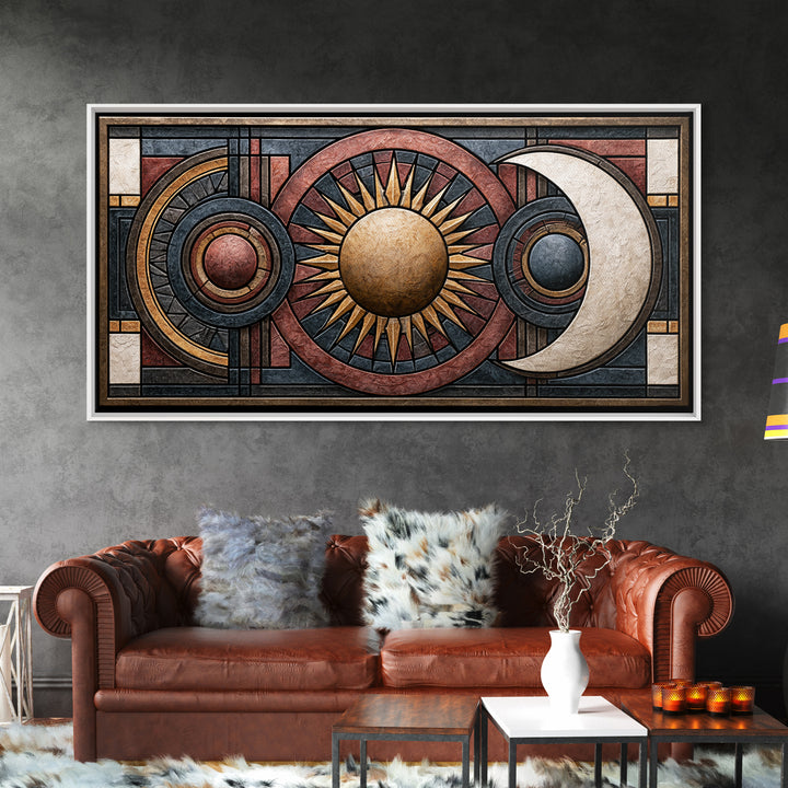 Geometric Sun and Moon Balance Design Framed Canvas Print, Sacred Geometry Art, Wall Hanging, Living Room Decor, Geometry, SGA-2x1-72