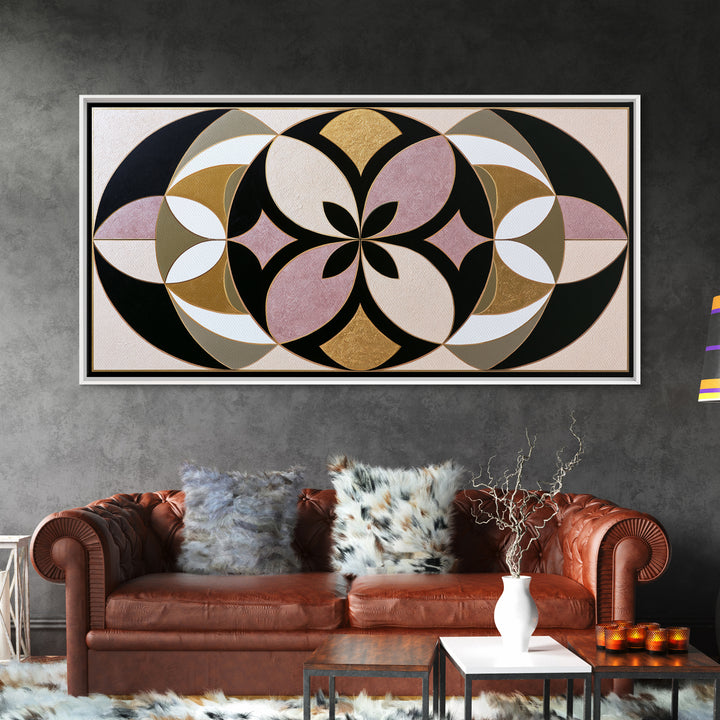 Black and Gold Geometric Rosette Framed Canvas Print, Sacred Geometry Art, Midcentury Modern, Living Room Decor, Geometry, SGA-2x1-80