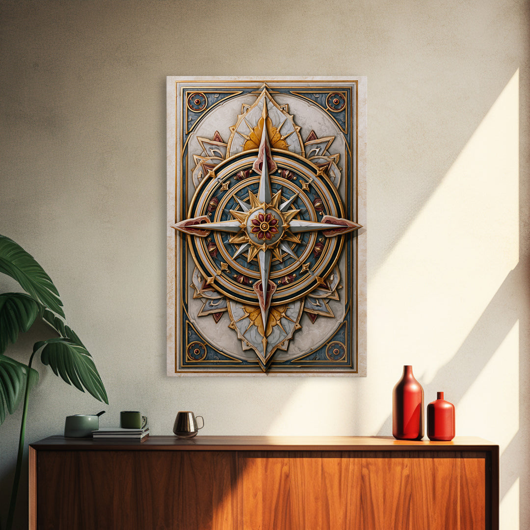 Gold Line Compass Mandala on Parchment Canvas Print, Sacred Geometry Art, Wall Decor, Living Room Decor, Abstract Art, Geometry, SGA-2x3-29